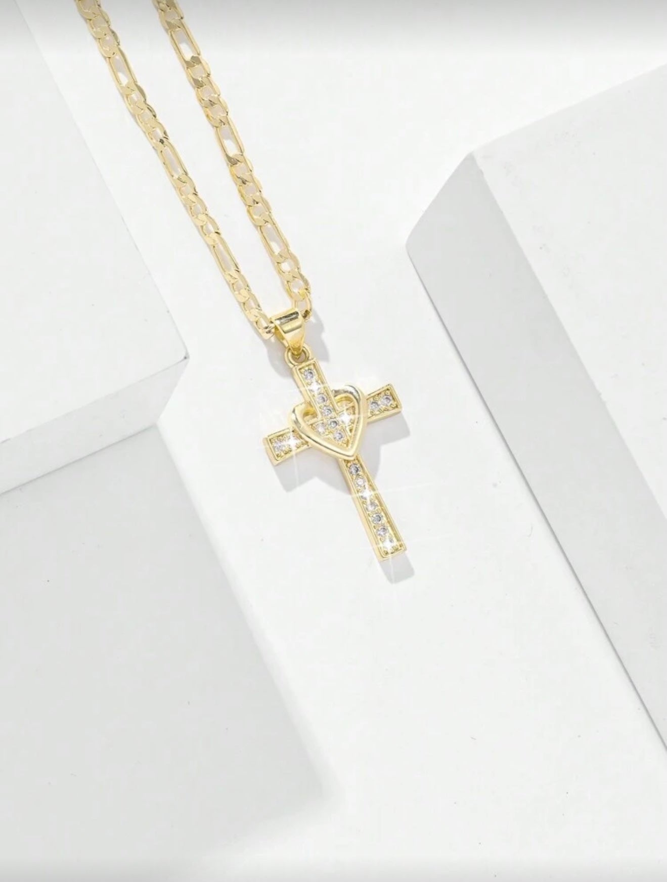 Simple Copper Inlaid Zirconia Embossed 3D Heart and Cross Pendant Necklace