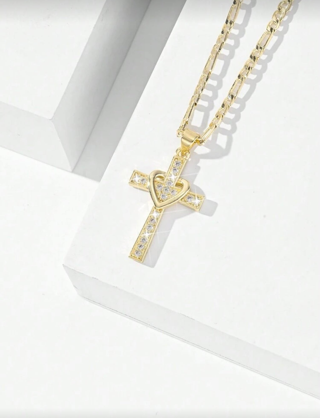 Simple Copper Inlaid Zirconia Embossed 3D Heart and Cross Pendant Necklace