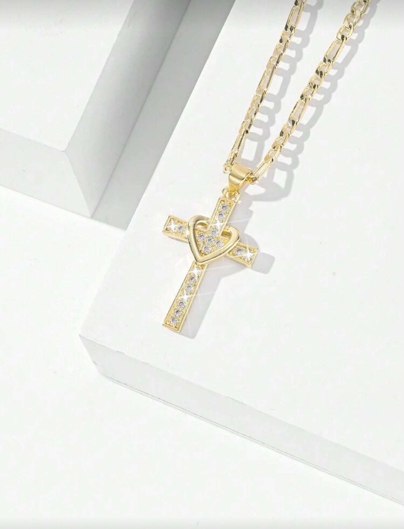 Simple Copper Inlaid Zirconia Embossed 3D Heart and Cross Pendant Necklace