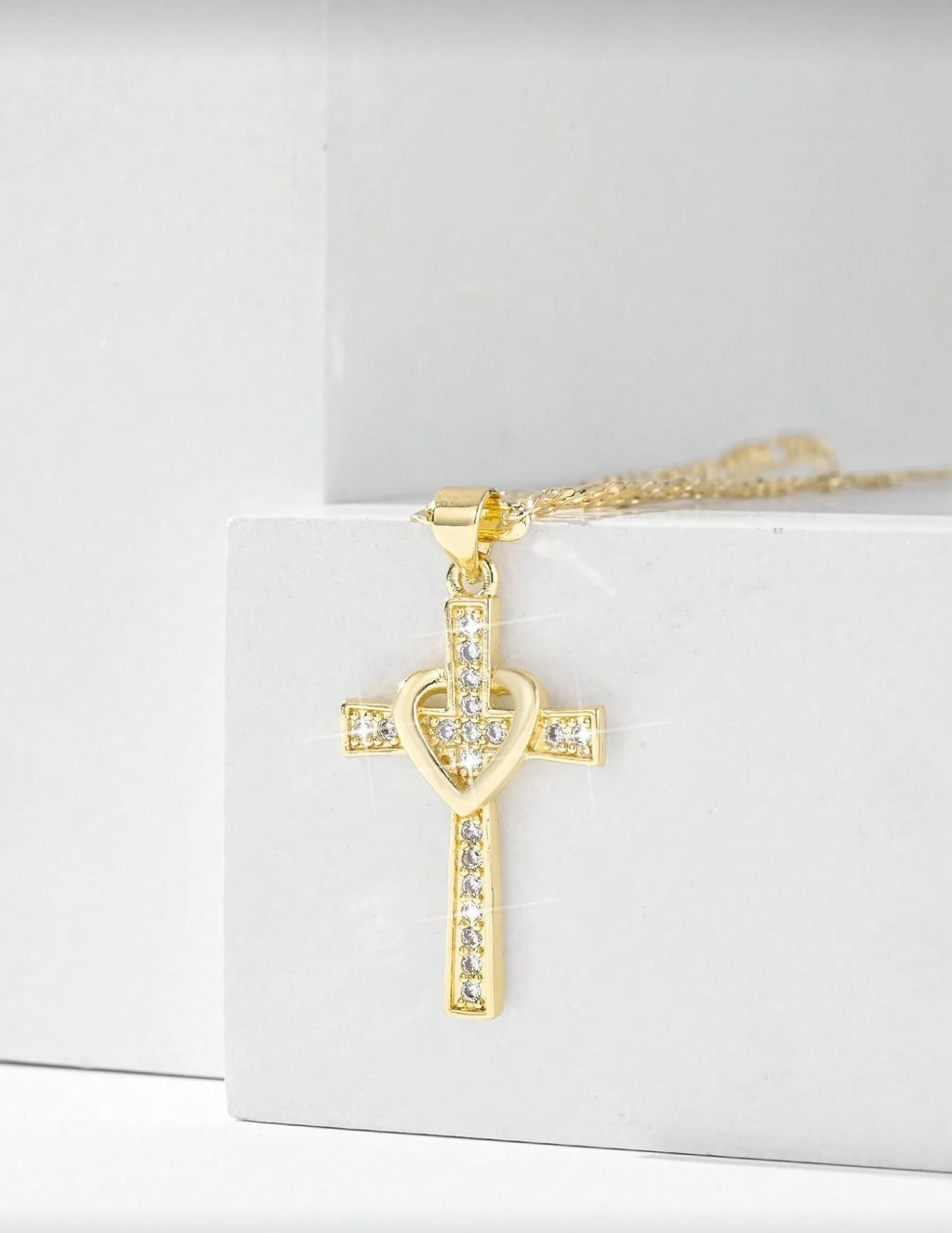 Simple Copper Inlaid Zirconia Embossed 3D Heart and Cross Pendant Necklace