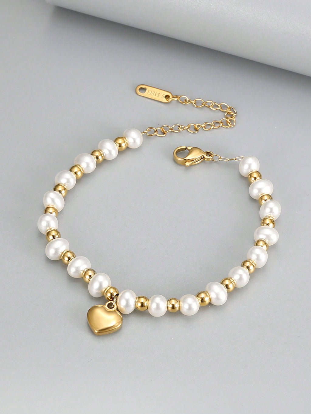 18K Gold Plated Pearl Gold Ball Heart Pendant Chain Bracelet
