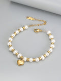 18K Gold Plated Pearl Gold Ball Heart Pendant Chain Bracelet