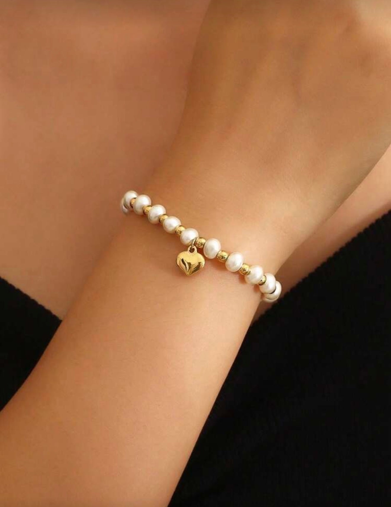 18K Gold Plated Pearl Gold Ball Heart Pendant Chain Bracelet