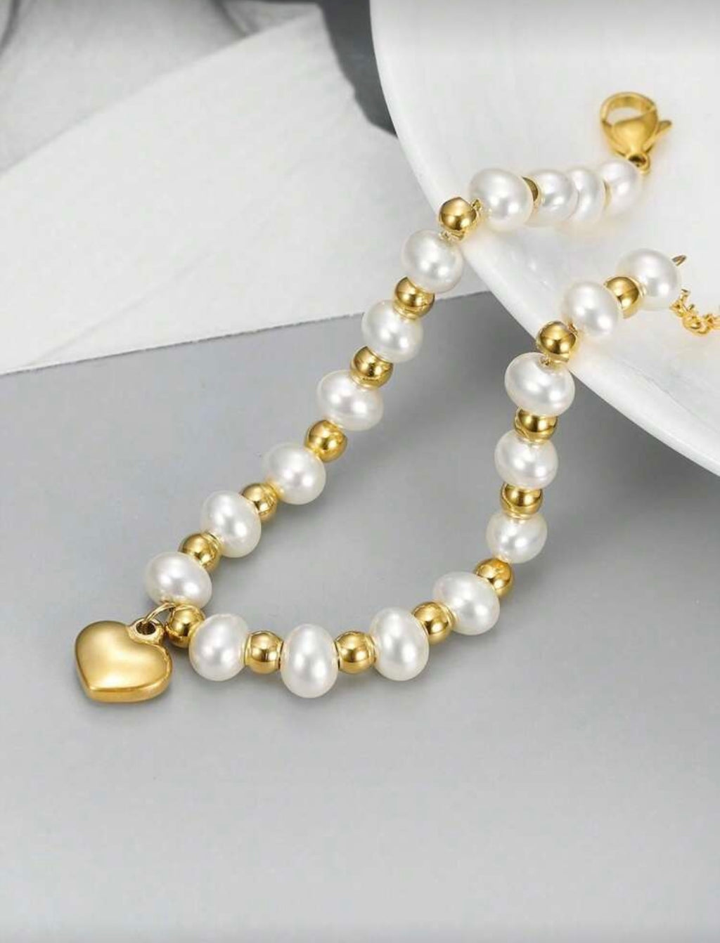 18K Gold Plated Pearl Gold Ball Heart Pendant Chain Bracelet