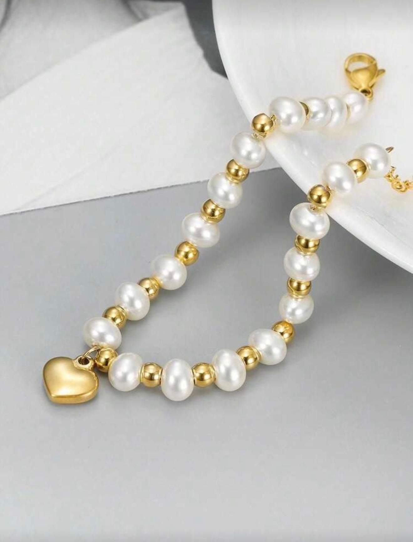 18K Gold Plated Pearl Gold Ball Heart Pendant Chain Bracelet