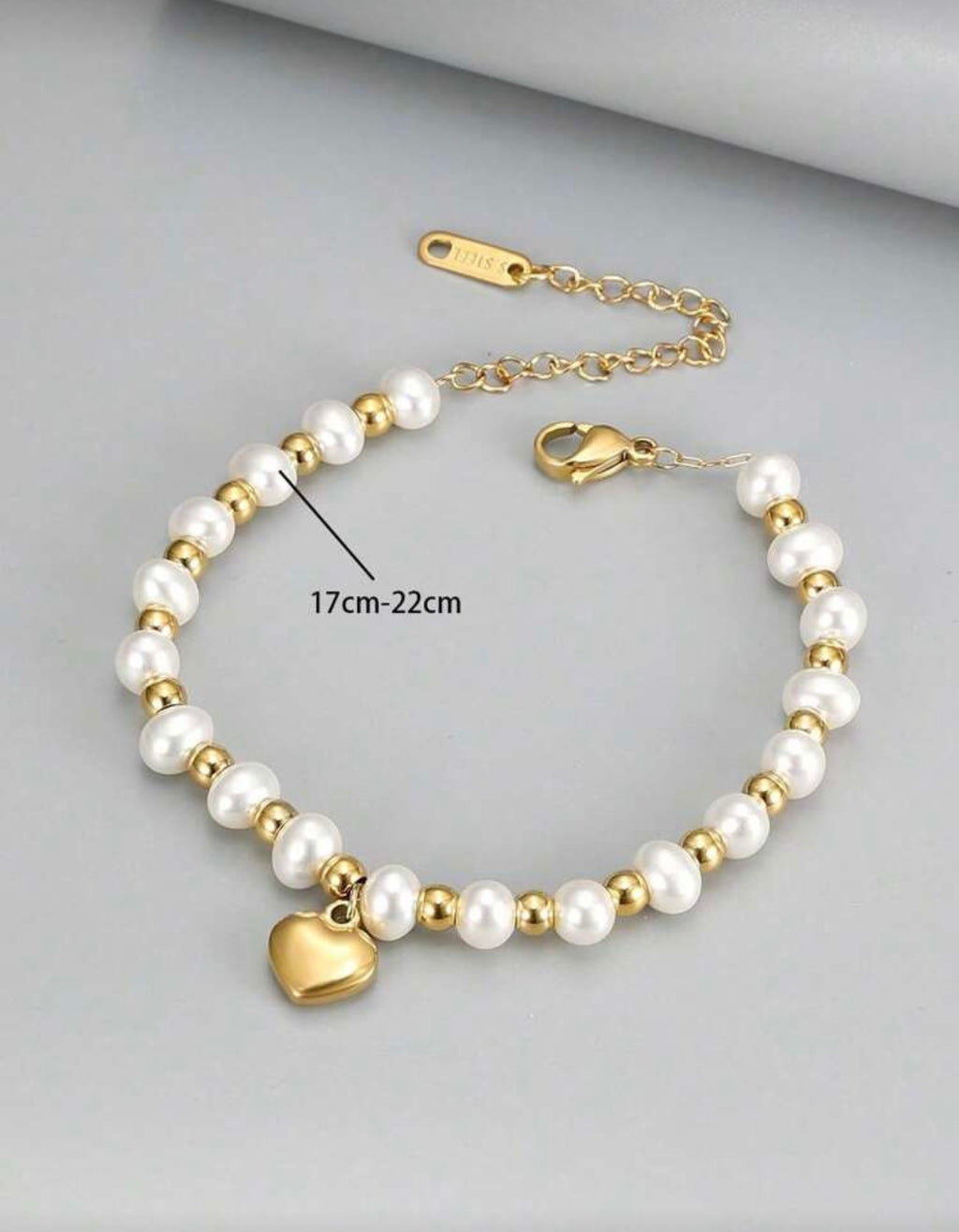 18K Gold Plated Pearl Gold Ball Heart Pendant Chain Bracelet