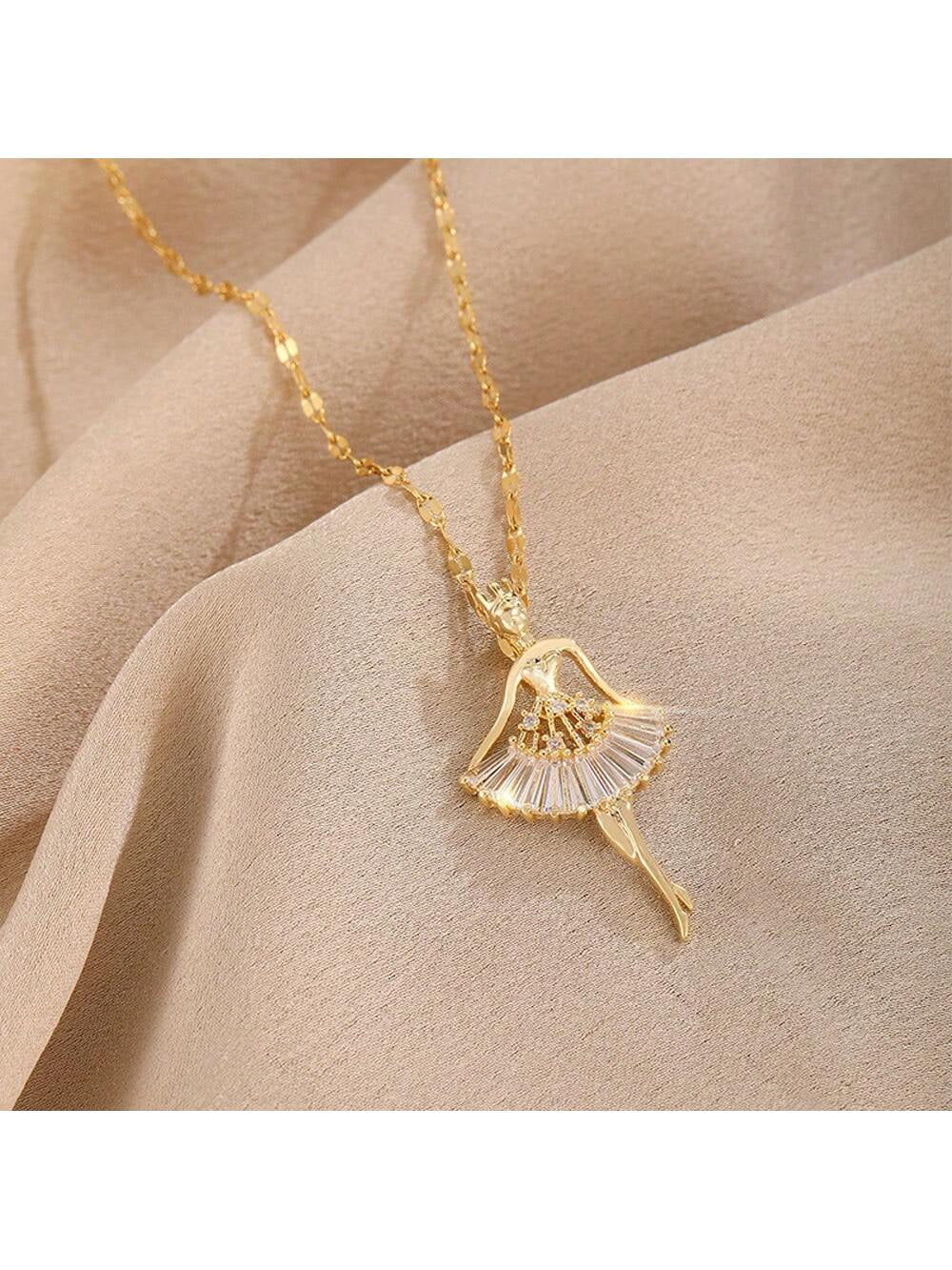 18K Gold Plated Fashionable Ballet Girl Pendant Necklace with Cubic Zirconia