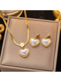 3 pcs Jewerly Set - Flat Chain Heart Shaped Pearl Pendant Necklace and Stud Earrings