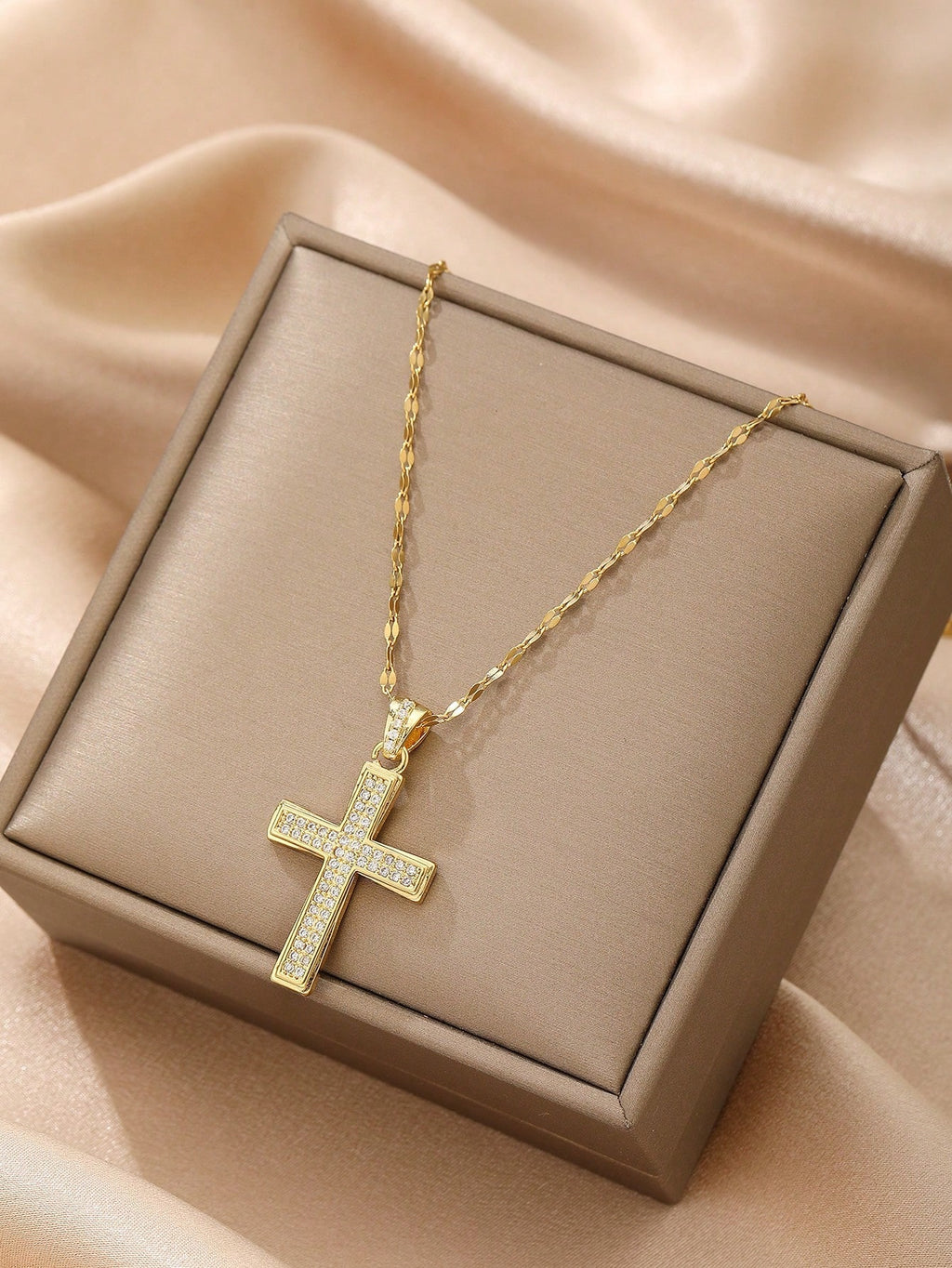 Gold-Color Cubic Zirconia Cross Pendant Necklace