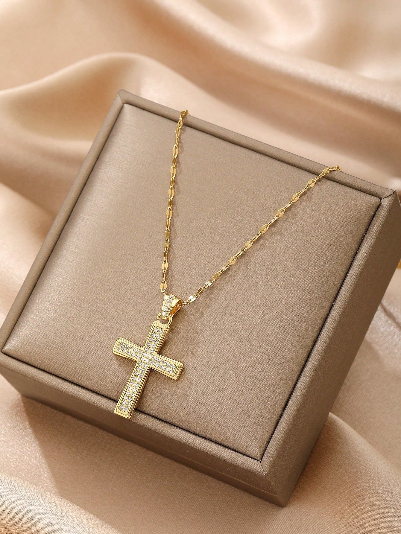 Gold-Color Cubic Zirconia Cross Pendant Necklace