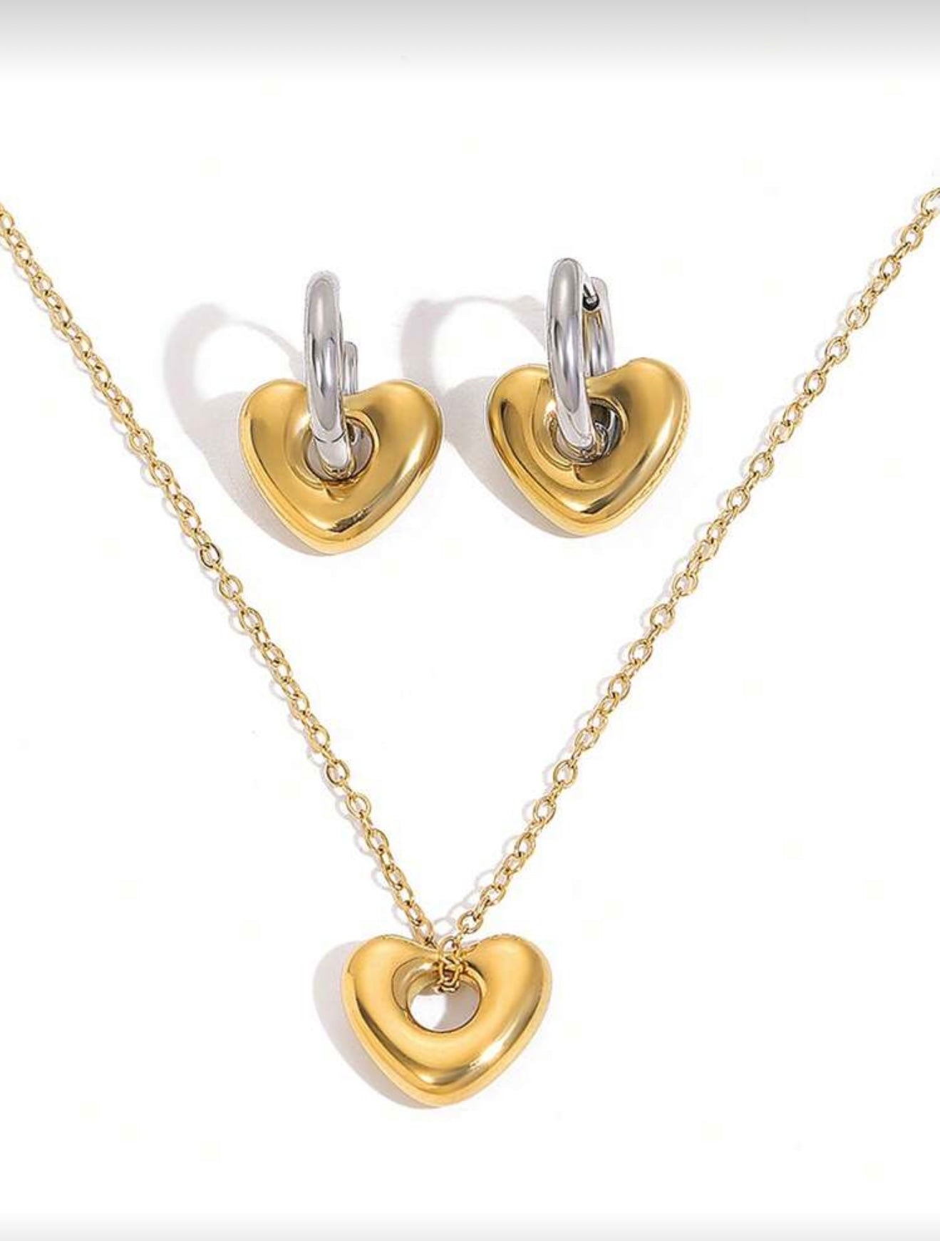 2 pcs 18K Gold Plated Dual Color Heart Shaped Earrings & Necklace